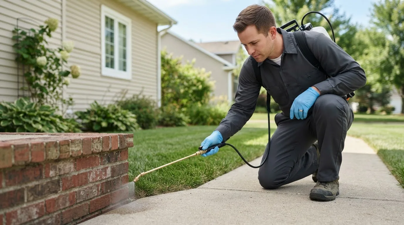 Pest control technician treating a home near Ravenna, TX